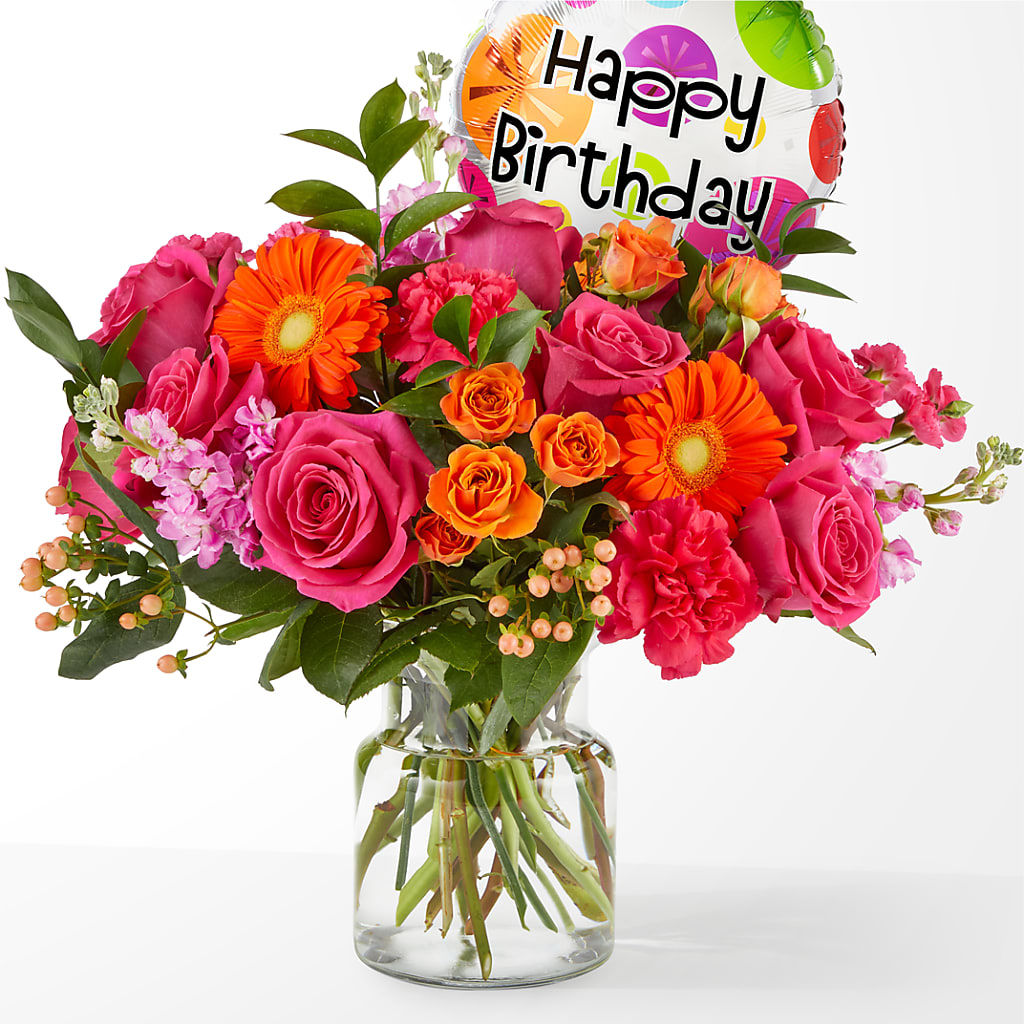 Fiesta Bouquet with Birthday Balloon – FUZZY'S FLOWERS GIFTS AND TUXEDOS, Marion OH