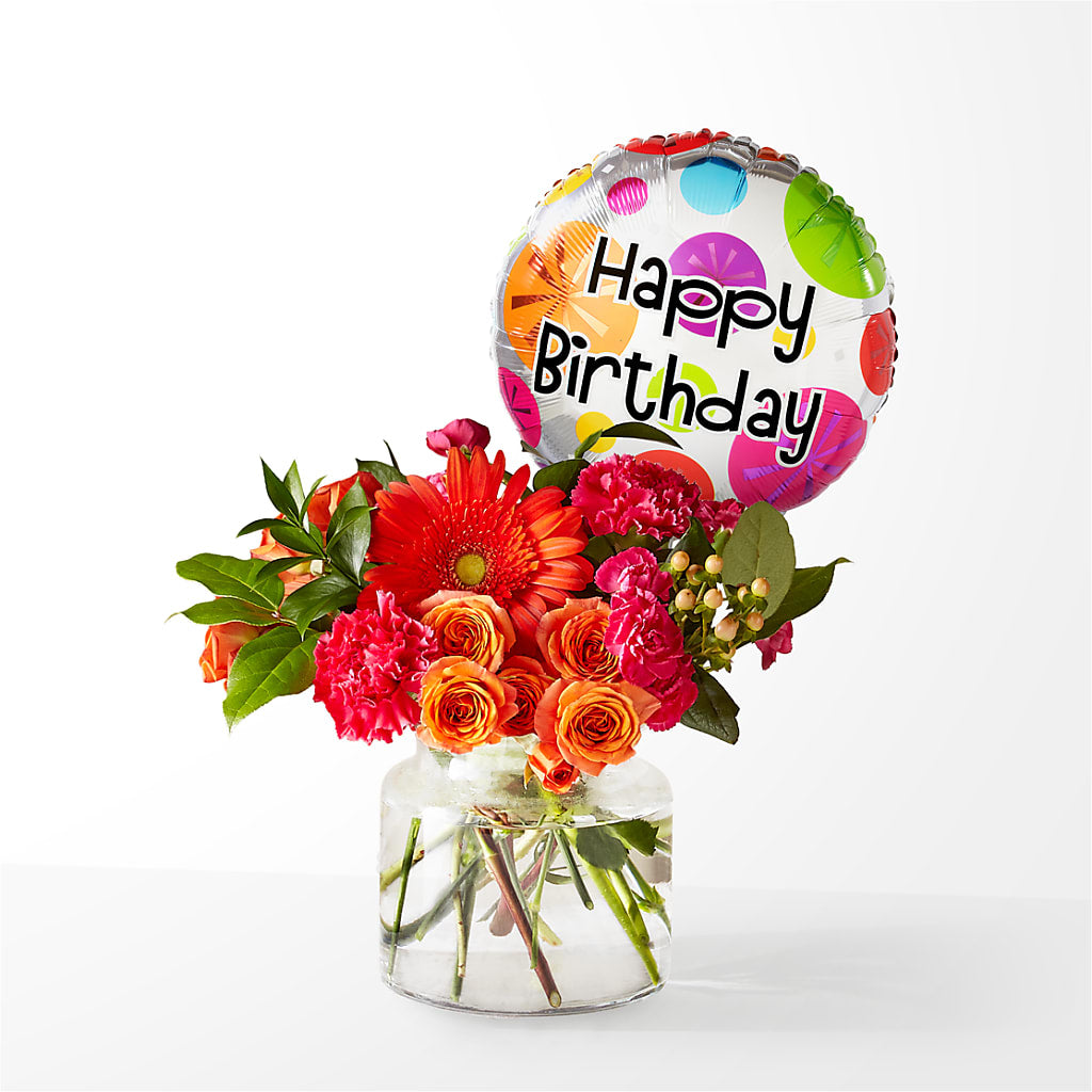 Fiesta Bouquet with Birthday Balloon – FUZZY'S FLOWERS GIFTS AND TUXEDOS, Marion OH