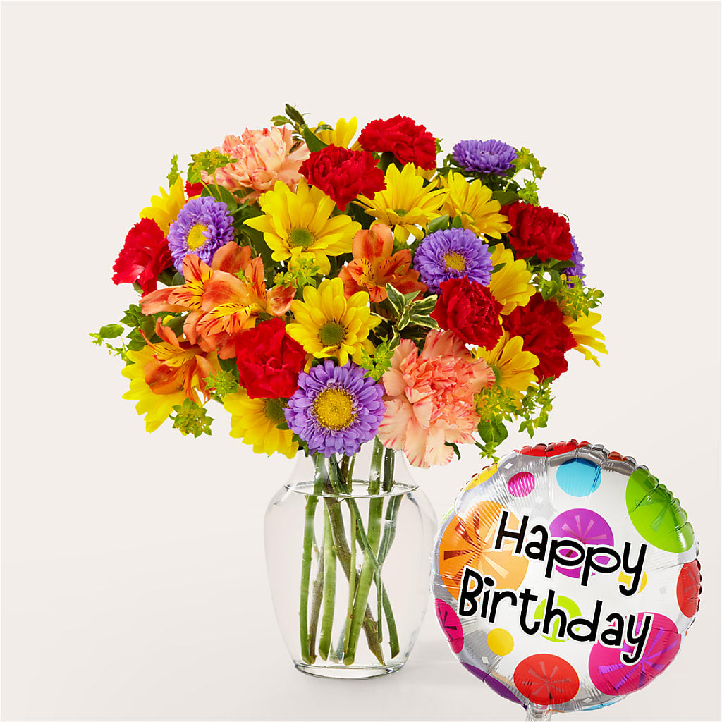 Kaleidoscope Bouquet with Birthday Balloon – FUZZY'S FLOWERS GIFTS AND TUXEDOS, Marion OH