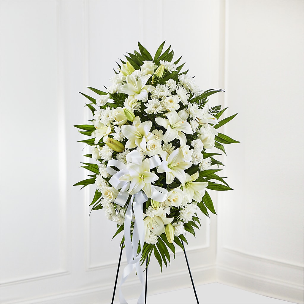 Exquisite Tribute Standing Spray-White Ribbon – FUZZY'S FLOWERS GIFTS AND TUXEDOS, Marion OH