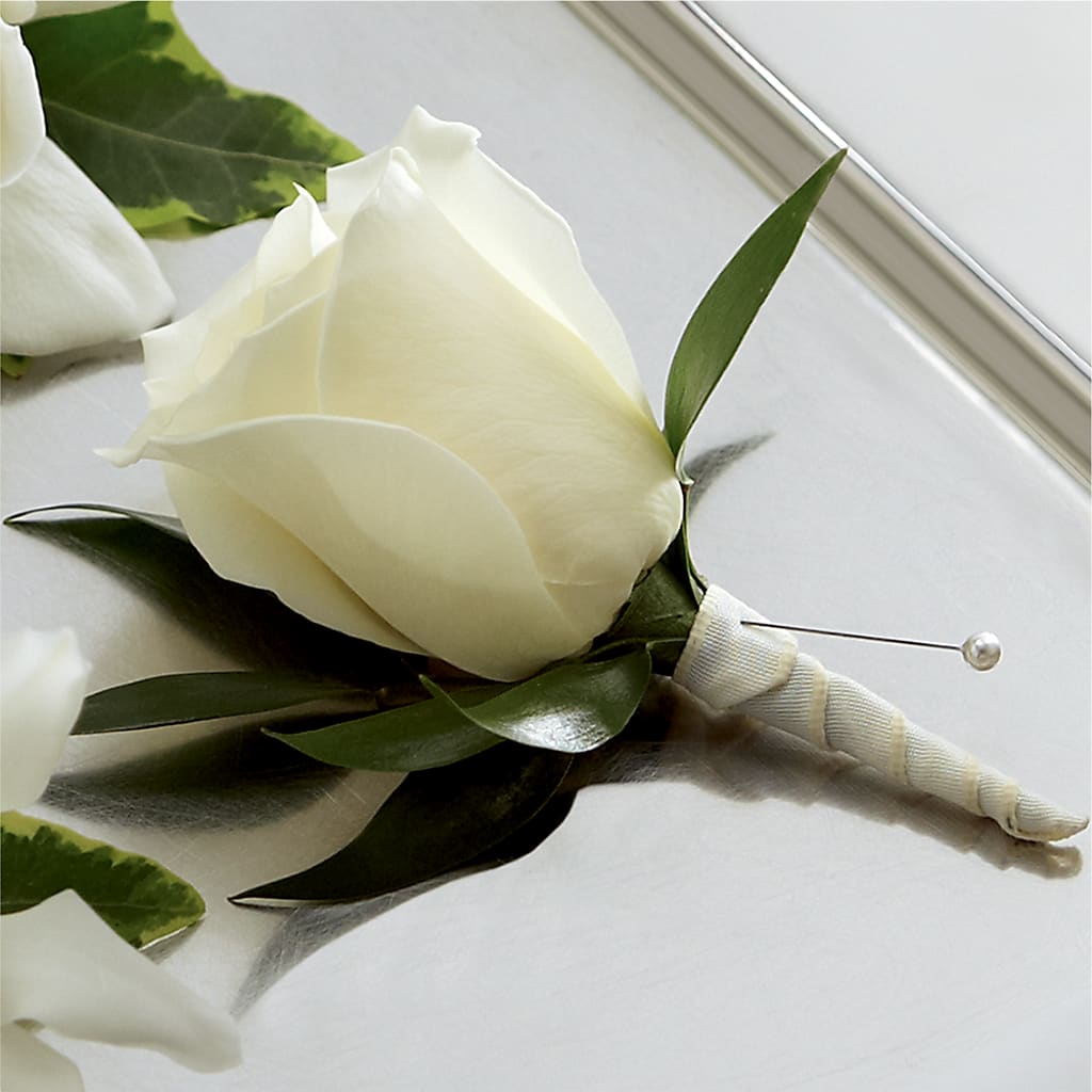 White Rose Boutonniere – FUZZY'S FLOWERS GIFTS AND TUXEDOS, Marion OH