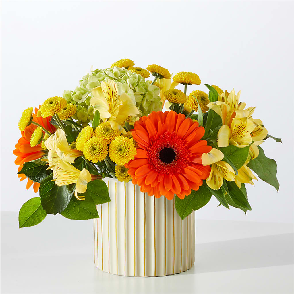 Autumn Sunshine Bouquet with Ivory Vase – FUZZY'S FLOWERS GIFTS AND TUXEDOS, Marion OH