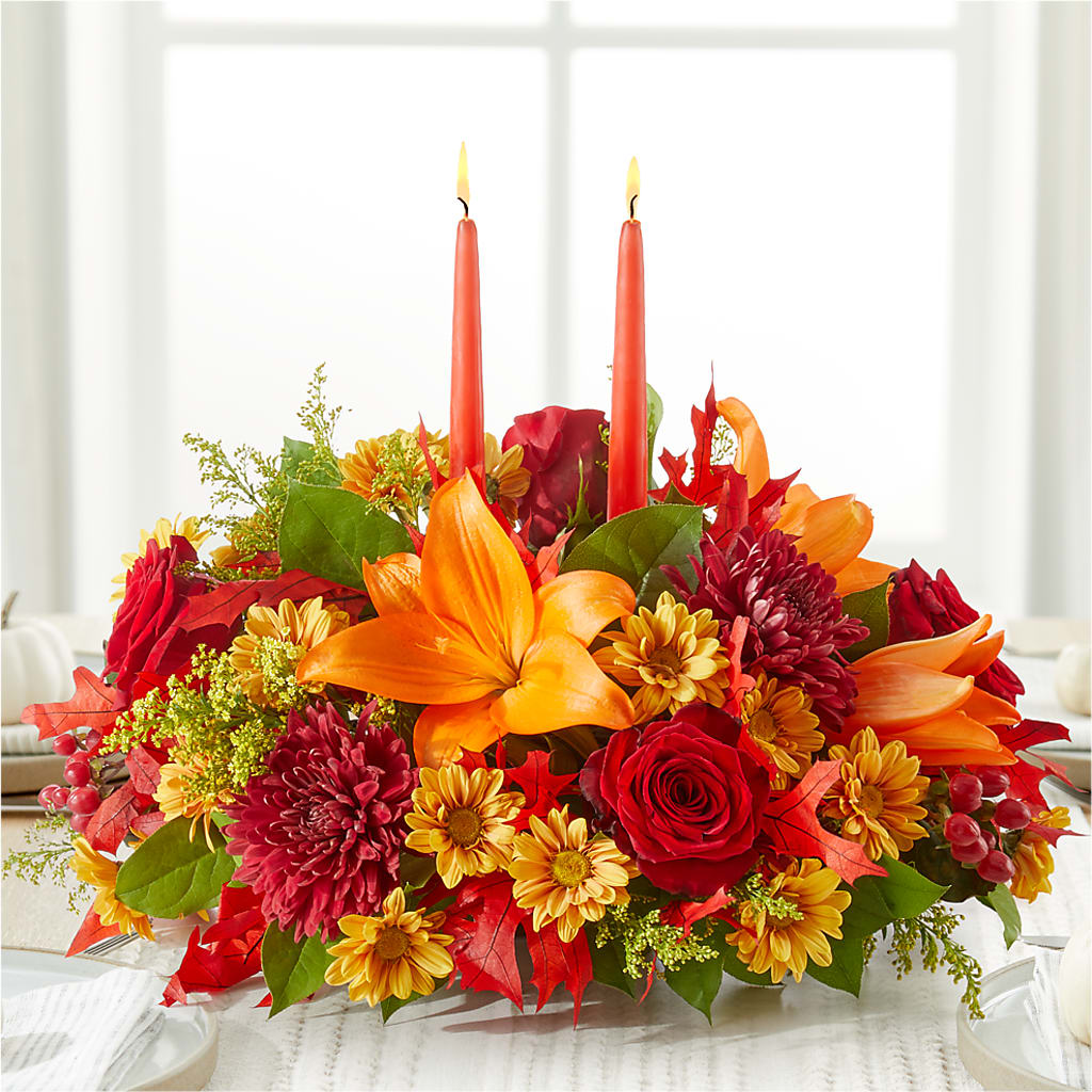 Autumn's Embrace Centerpiece – FUZZY'S FLOWERS GIFTS AND TUXEDOS, Marion OH