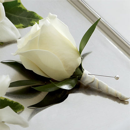 White Rose Boutonniere – FUZZY'S FLOWERS GIFTS AND TUXEDOS, Marion OH
